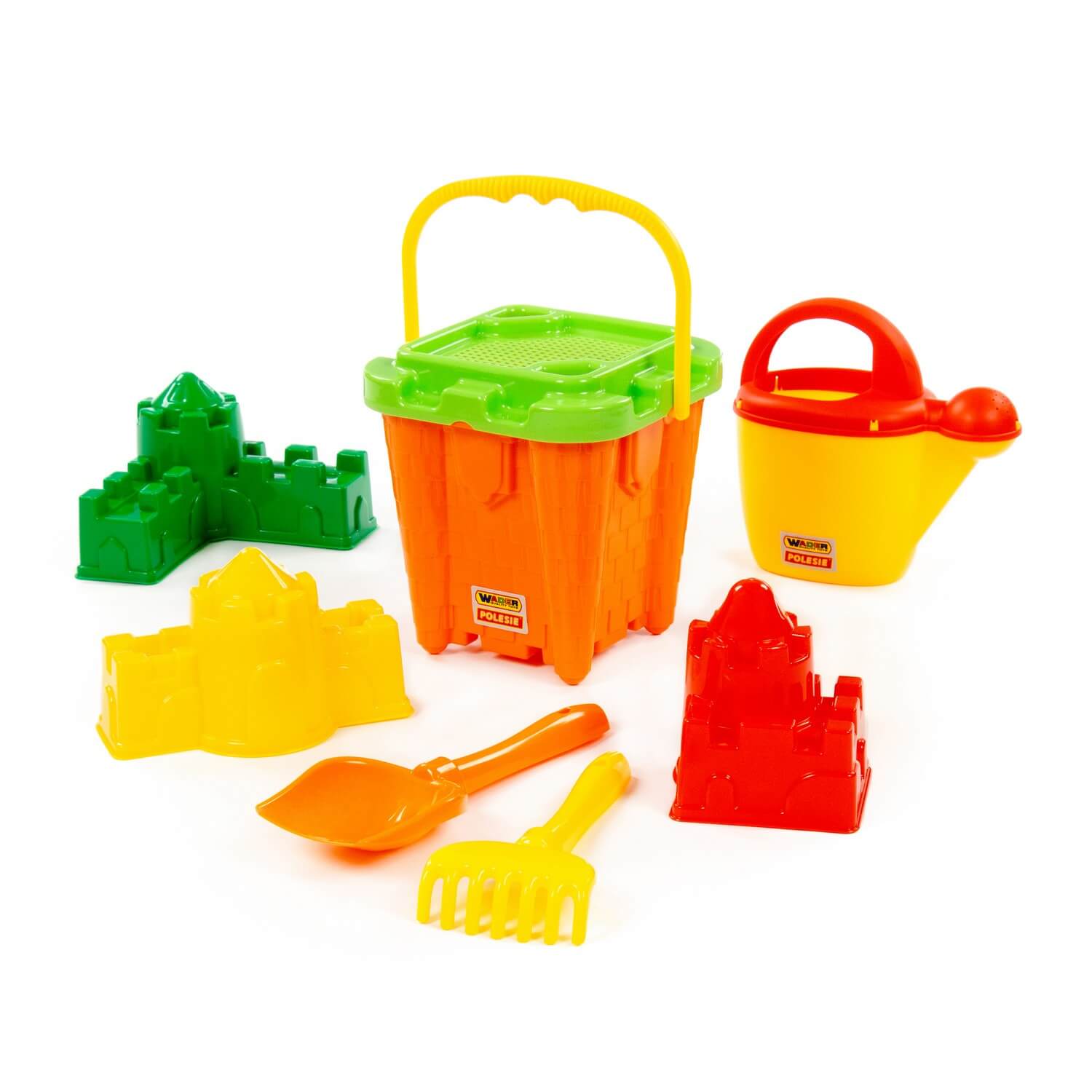 Zestaw Nr555: wiaderko-zamek duże Nr2, sito-twierdza duże, łopatka Nr5, grabki Nr5, foremki (zamek ściana z jedną wieżą +  zamek kątowy + zamek kwadratowy), konewka Nr10 Ref. 57242 - photo #1