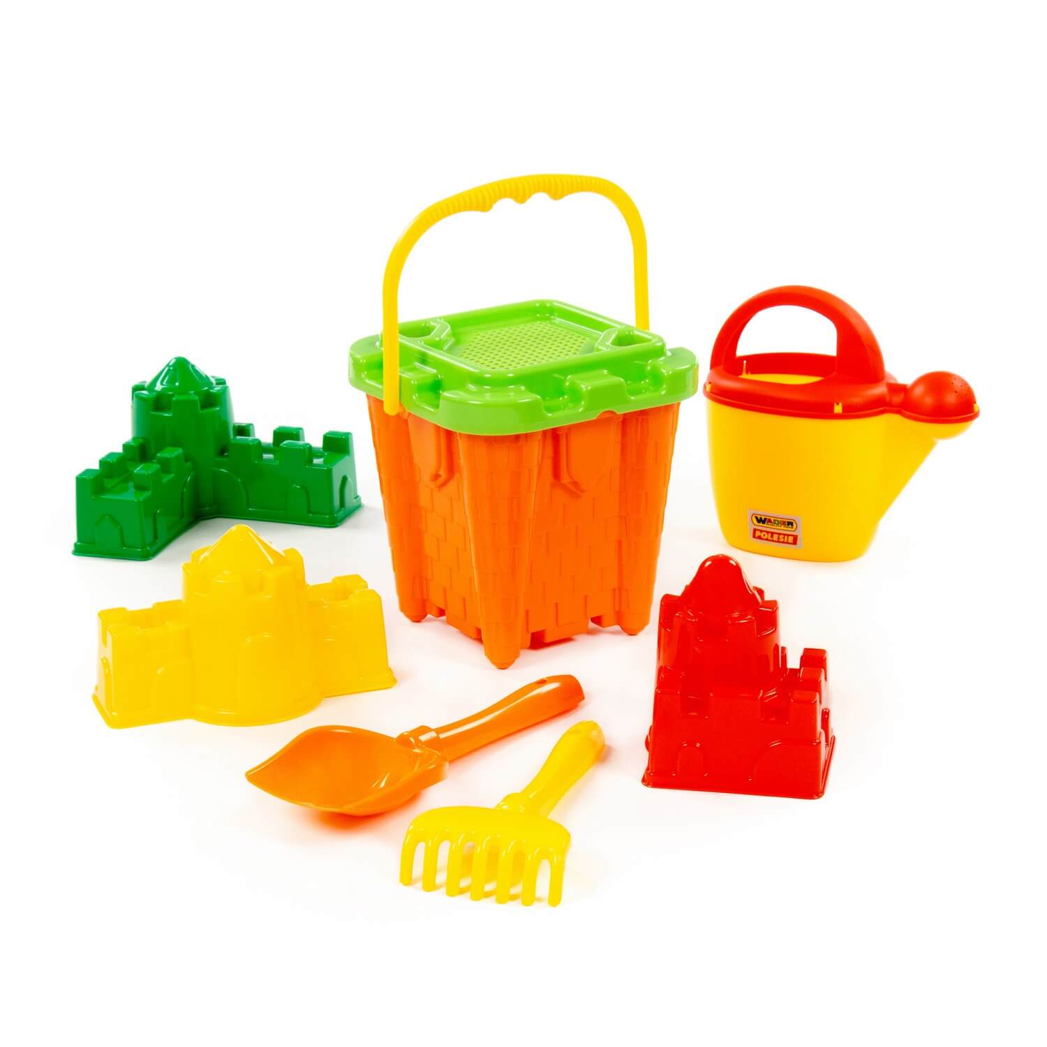 Zestaw Nr555: wiaderko-zamek duże Nr2, sito-twierdza duże, łopatka Nr5, grabki Nr5, foremki (zamek ściana z jedną wieżą +  zamek kątowy + zamek kwadratowy), konewka Nr10 Ref. 57242 - photo #2