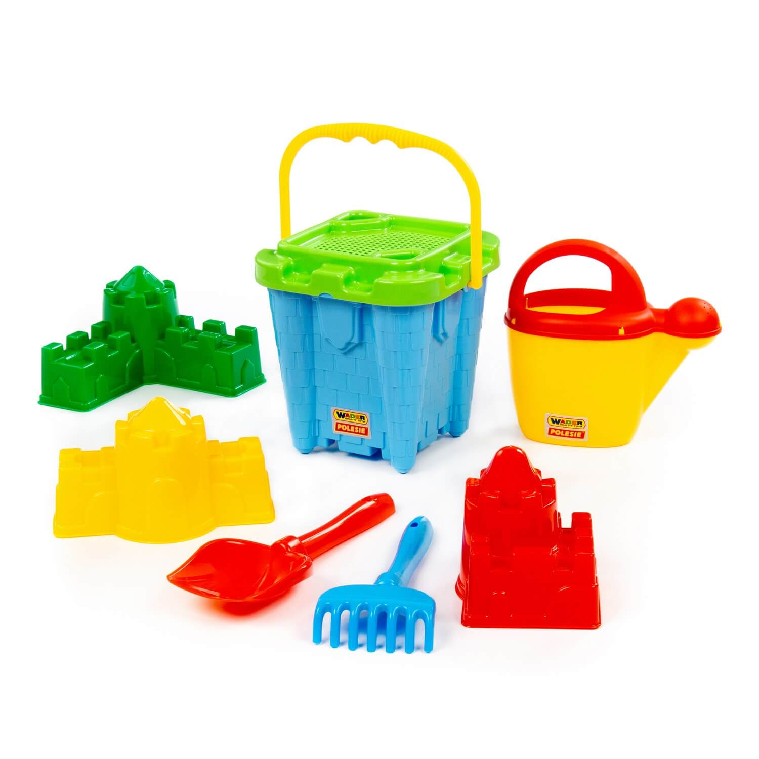 Zestaw Nr555: wiaderko-zamek duże Nr2, sito-twierdza duże, łopatka Nr5, grabki Nr5, foremki (zamek ściana z jedną wieżą +  zamek kątowy + zamek kwadratowy), konewka Nr10 Ref. 57242 - photo #4