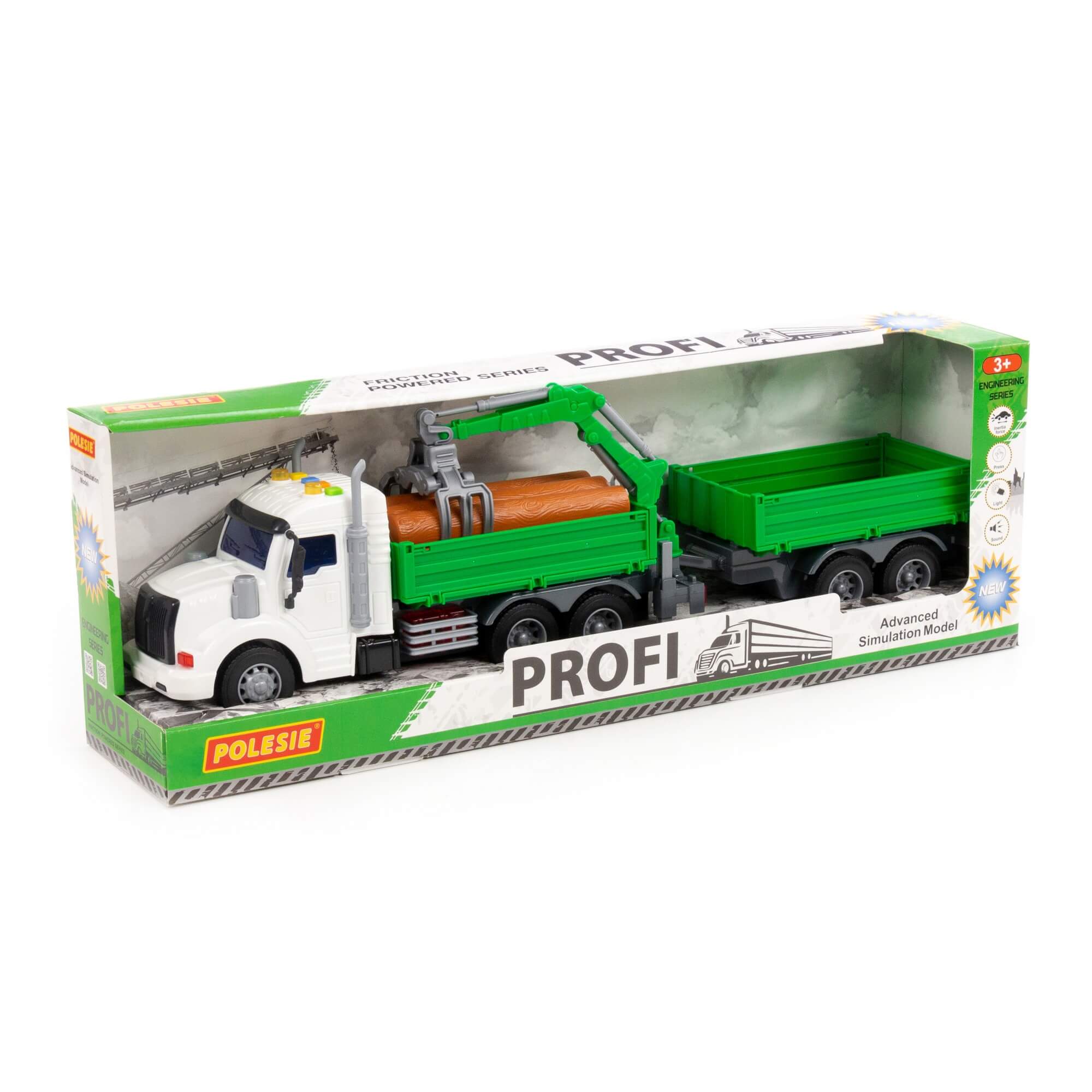 "Profi", samochód burtowy z podnośnikiem i przyczepą inercyjny (ze światłem i dźwiękiem) (zielony) (w pudełku) Ref. 96166 - photo #1