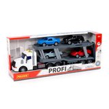 "Profi", inercyjny ciągnik siodłowy z naczepą do przewozu samochodów (ze światłem i dźwiękiem)  + 4 samochody "Optima" (w pudełku) Ref. 70498 - photo #1