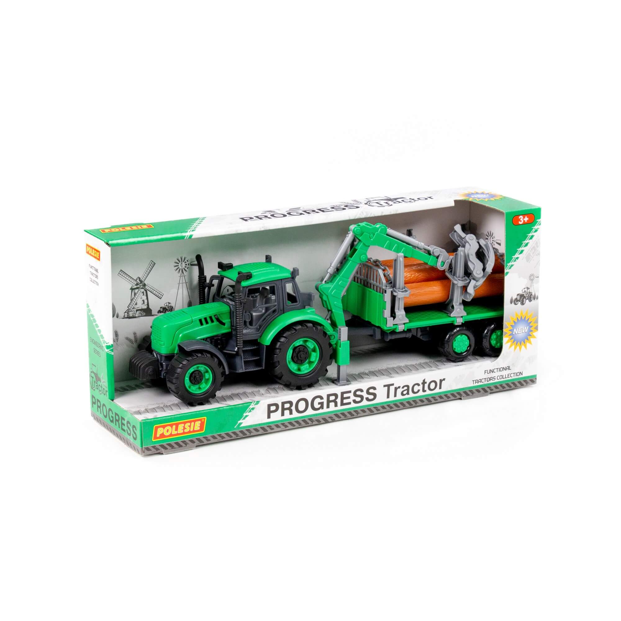 Traktor "Progress" inercyjny z podnośnikiem i przyczepą do przewozu dłużycy (zielony) (w pudełku) Ref. 96487 - photo #1